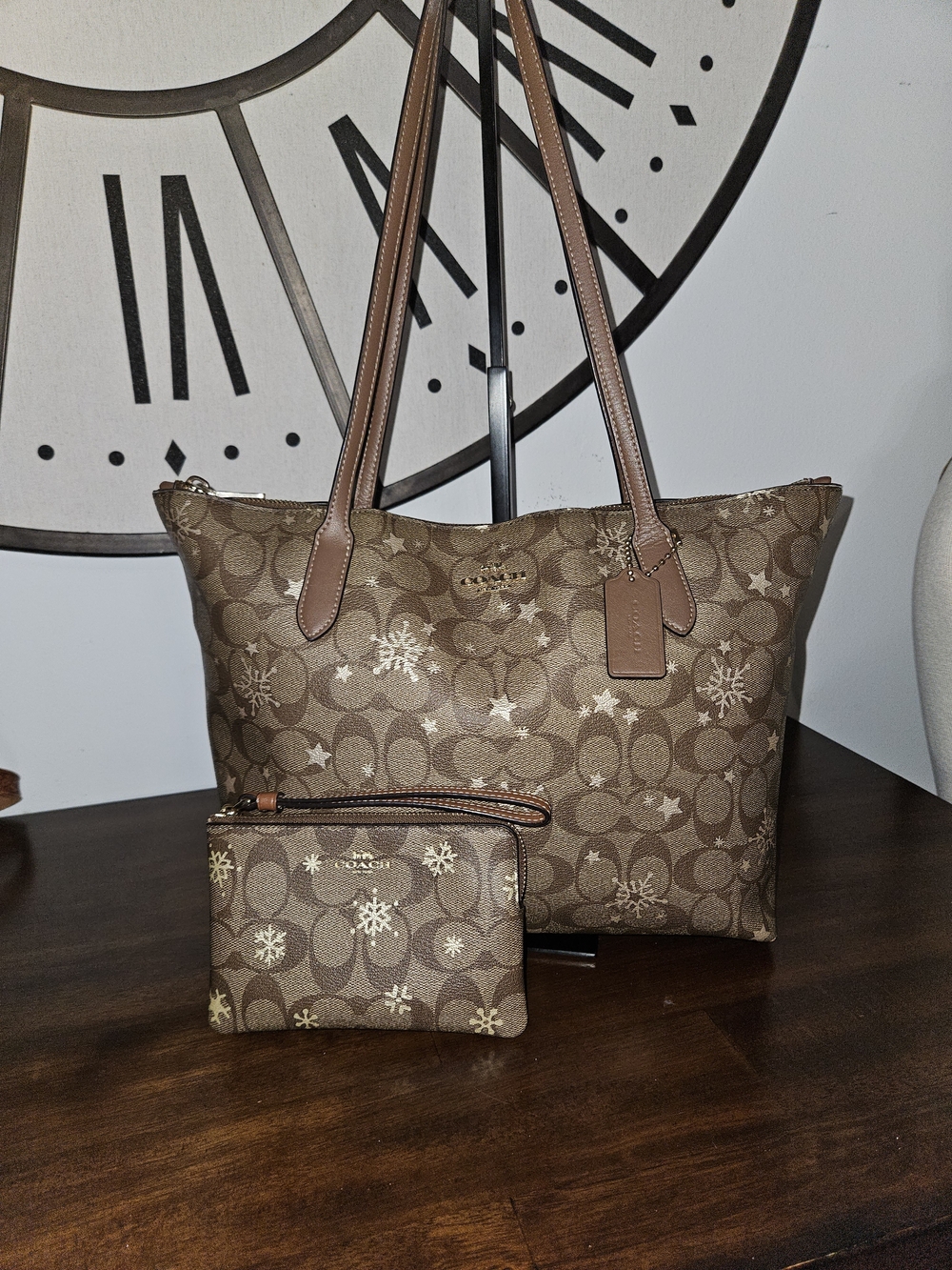 Coach Brown Signature Tote with Snowflake Accent and Matching Pouch
